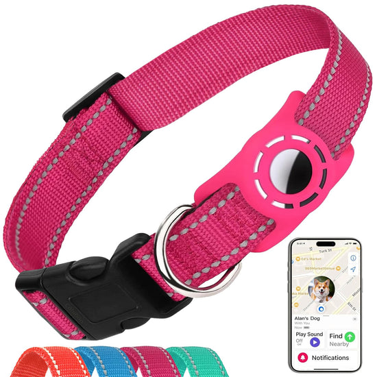 Airtag Dog Collar for Small Dogs Reflective Dog Collars with Silicone AirTag Holder Nylon Adjustable Dog Collars for Medium Large DogsPet Collar Adjustable for All BreedsHotPink
